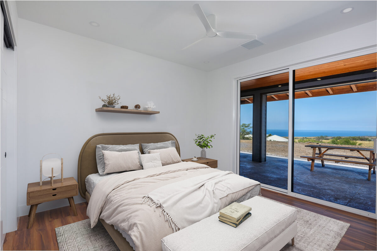 Bedroom with ocean view and lanai