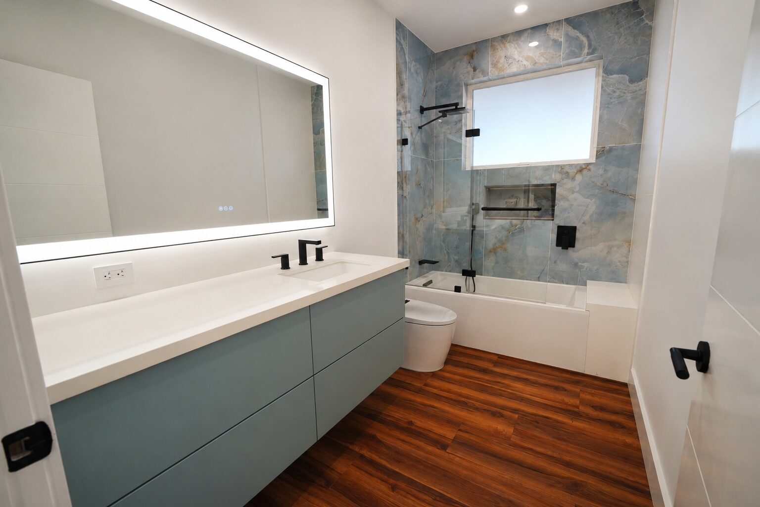 Bath with blue onyx tile and walk-in shower