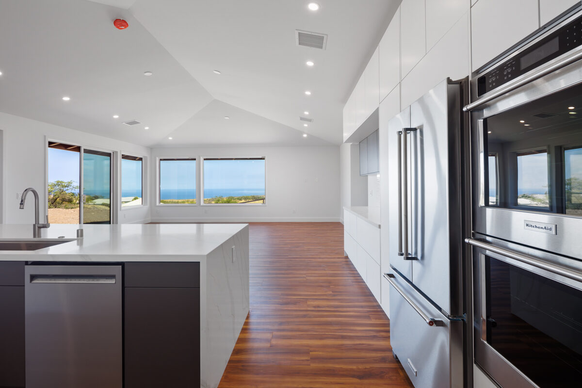 Kitchen with ocean view and walnut floors