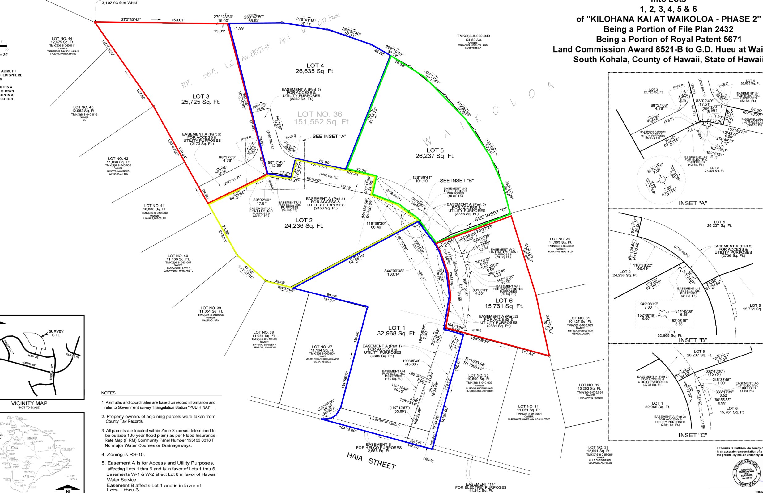 Recorded subdivision map of Kainani Place showing Lots 1 through 6